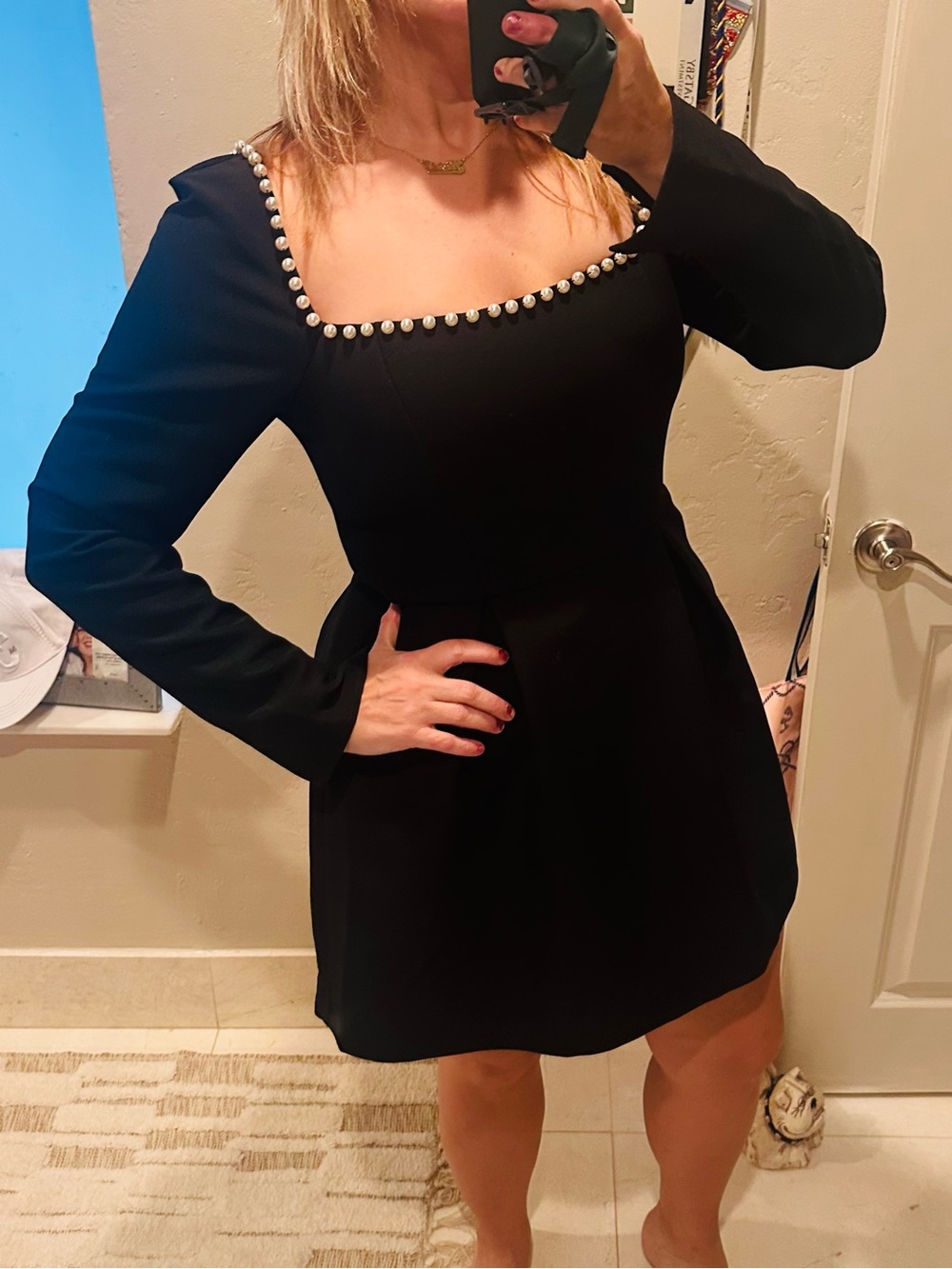 Audrey Parks *Francesca’s - Black Pearl-Trim Square Neck L-Sleeve Dress Size L